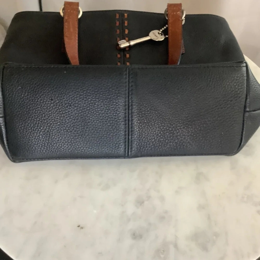 VINTAGE Black Fossil Leather Satchel Brown Top Handle Key‎ Charm Designer Purse